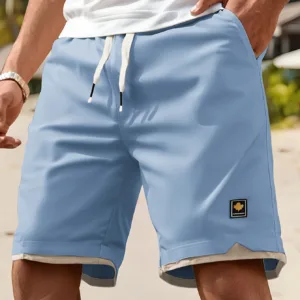 Men's Casual Summer Shorts with Pockets - Black, Elastic Waistband, Drawstring, Polyester, Two-Layer Design, Lightweight & Breat