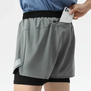 2 in 1 Men's Double Short Pant Beach Sweat Shorts with Pocket Outdoor Go Hiking Sweatpants Marathon Athletics Trousers